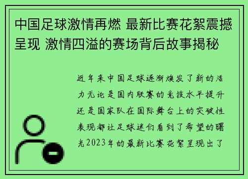 中国足球激情再燃 最新比赛花絮震撼呈现 激情四溢的赛场背后故事揭秘